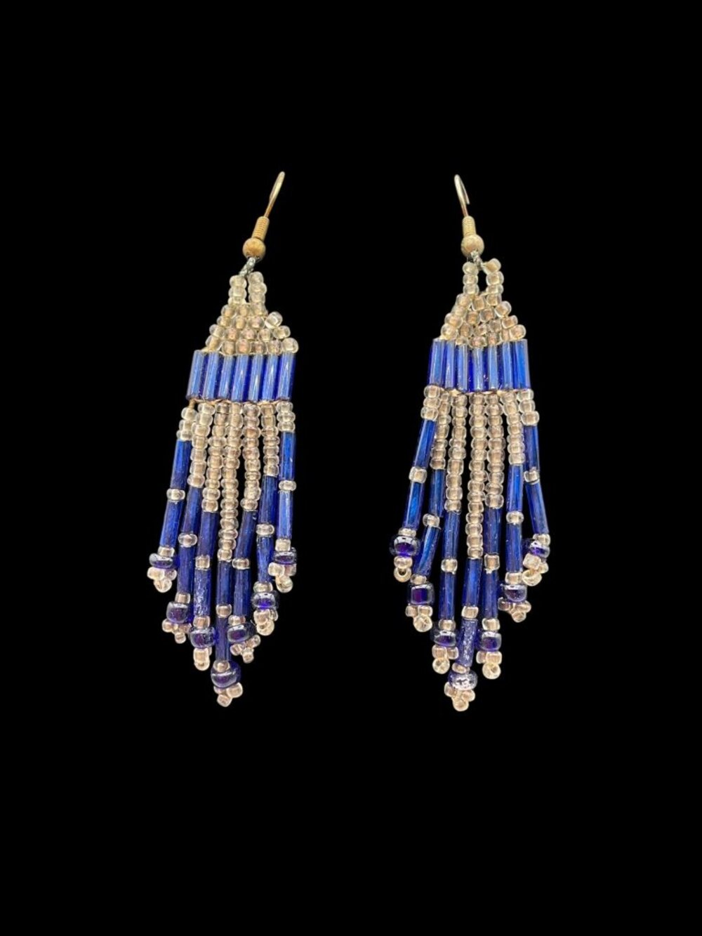 Artisan Handmade Beaded Dangle Earrings Royal Blue Clear Beads Boho